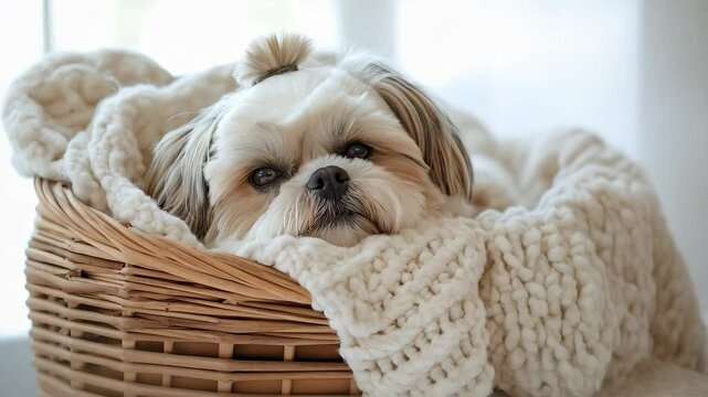 Shih Tzu Relaxing in Basket