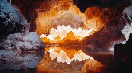 A cavern filled with heart-shaped crystals reflecting on the shimmering water below.