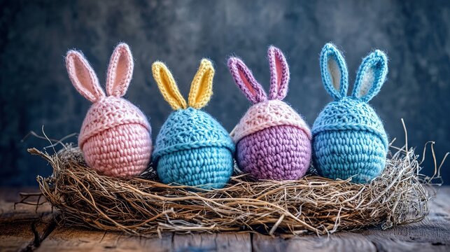 Four cute crochet Easter eggs, wearing rabbit ears, comfortably lying in a nest on a wooden table, celebrating Easter and holidays.