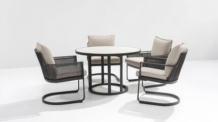 Obraz premium contemporary round garden dining set floating on stark white backdrop, aluminum frame furniture, professional catalog photography style, clean lines, minimalist outdoor collection