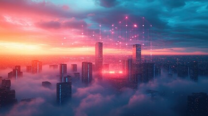 Obraz premium World tourism day concept: abstract view city on twilight color sky and clouds cityscape background. future.