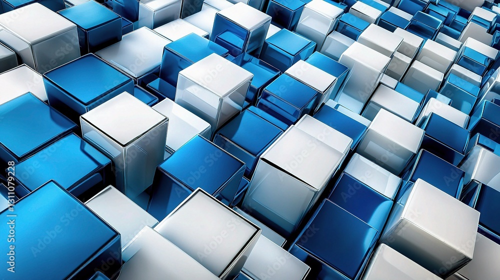 Poster abstract blue and white cubes background with dynamic lines