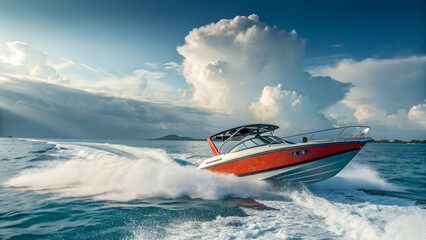 modern motorboat rushes across the sea
