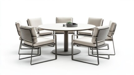 elegant circular outdoor dining ensemble isolated against white, powder coated metal construction, commercial furniture photography, modern patio set, pristine studio lighting