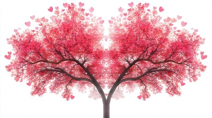 Fototapeta premium vibrant pink tree with heart-shaped leaves nature-inspired digital illustration with symmetrical branches and whimsical charm