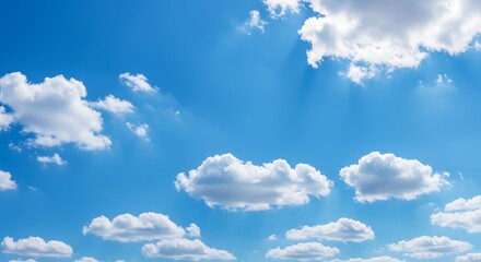 Serene Blue Sky Bright Sunbeams Fluffy Clouds. AI Generated