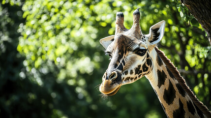 Giraffe portrait with detailed fur texture in lush setting