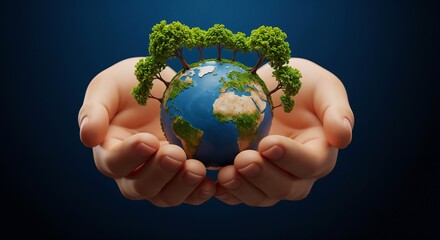 Stylized Earth Globe with Miniature Trees in Hands