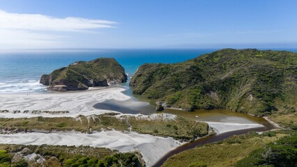 Aerial view of Wharariki Beach in New Zealand.