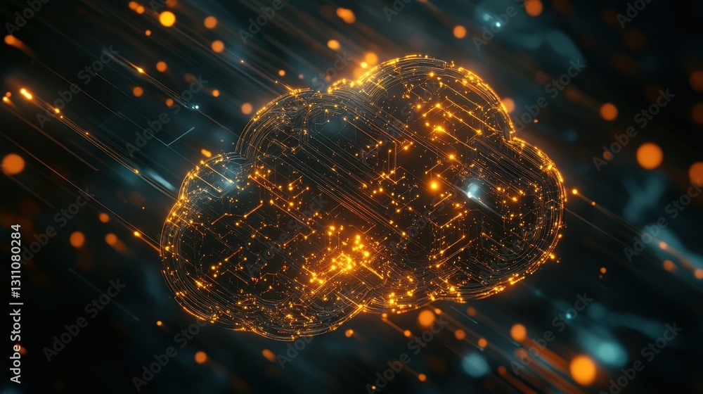 Poster a cloud-shaped digital hologram with glowing circuits and futuristic data lines.