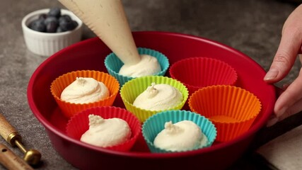 A woman squeezes batter into molds for making delicious cottage cheese cupcakes