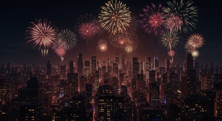 Naklejka premium City Fireworks Celebratory Display Over Metropolis