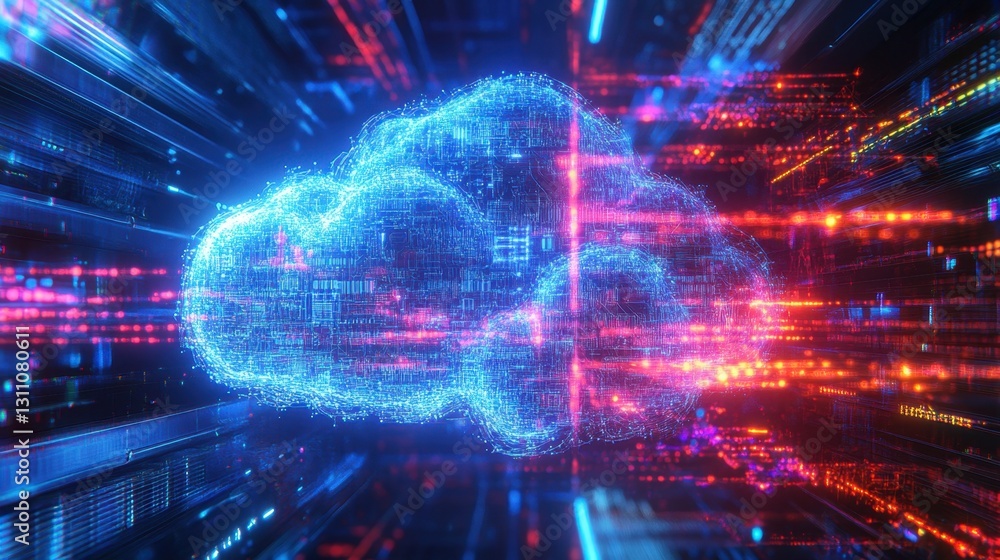 Poster a cloud-shaped digital hologram with glowing circuits and futuristic data lines.