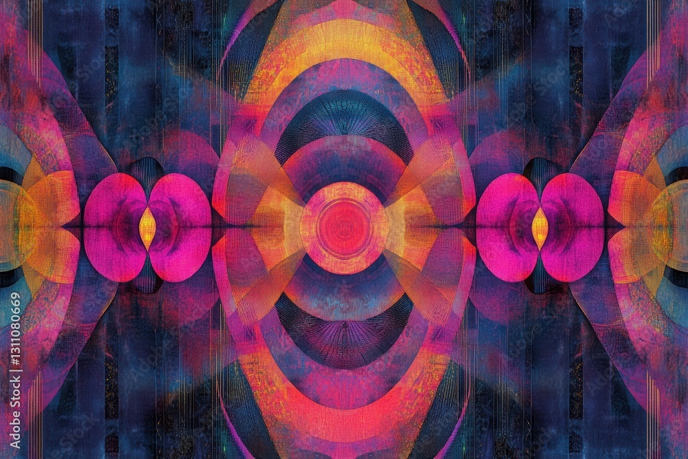 Poster abstract symmetry: a kaleidoscopic display of intersecting shapes and vibrant colors, evokes a sense