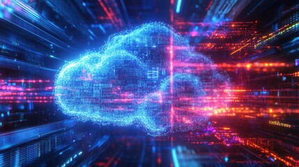 Obraz premium A cloud-shaped digital hologram with glowing circuits and futuristic data lines.