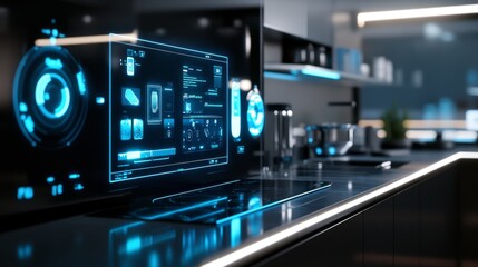 Futuristic smart kitchen gadget collection, matte black appliances, digital control panels glowing blue, floating transparent interface screens, precision cooking sensors, streamlined industrial