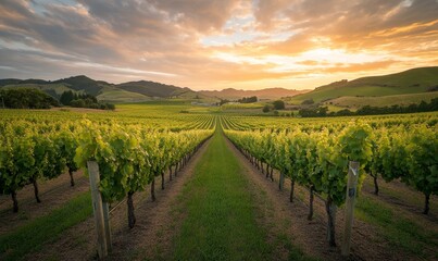 Fototapeta premium Golden Sunset Vineyard Rows (3)
