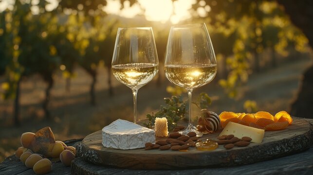 Golden sunset light illuminating crystal wine glasses filled with chilled white wine, artisanal cheese board on weathered wood platter, scattered marcona almonds, fresh honeycomb dripping, aged