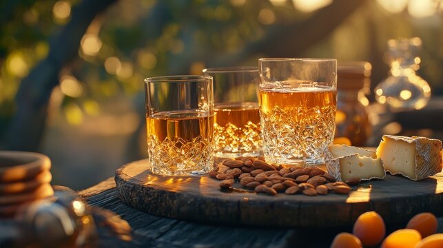 Golden sunset light illuminating crystal wine glasses filled with chilled white wine, artisanal cheese board on weathered wood platter, scattered marcona almonds, fresh honeycomb dripping, aged