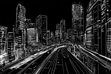 A dramatic Etch-A-Sketch cityscape at night, with towering skyscrapers and winding roads. The detailed, monochrome line work creates an urban, futuristic atmosphere.