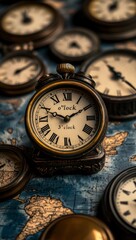 Antique clocks on world map background