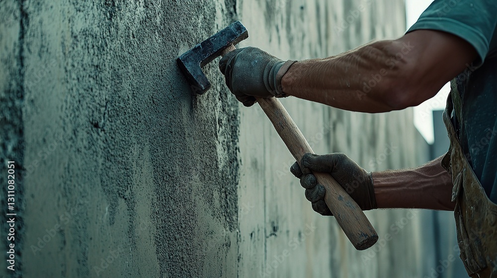 Poster skilled worker using hammer and chisel on concrete wall surface