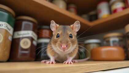 Curious mouse is seen in pantry, surrounded by various jars of food items. Jars contain different types of grains, seeds, and cereals. Food storage, pest control, or animal behavior.