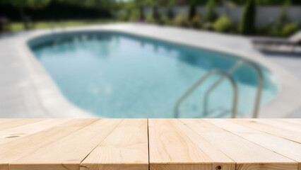 Empty table, A modern outdoor swimming pool with crystal-clear water, elegant tile flooring, stainless steel handrails, and comfortable lounge chairs under the sun