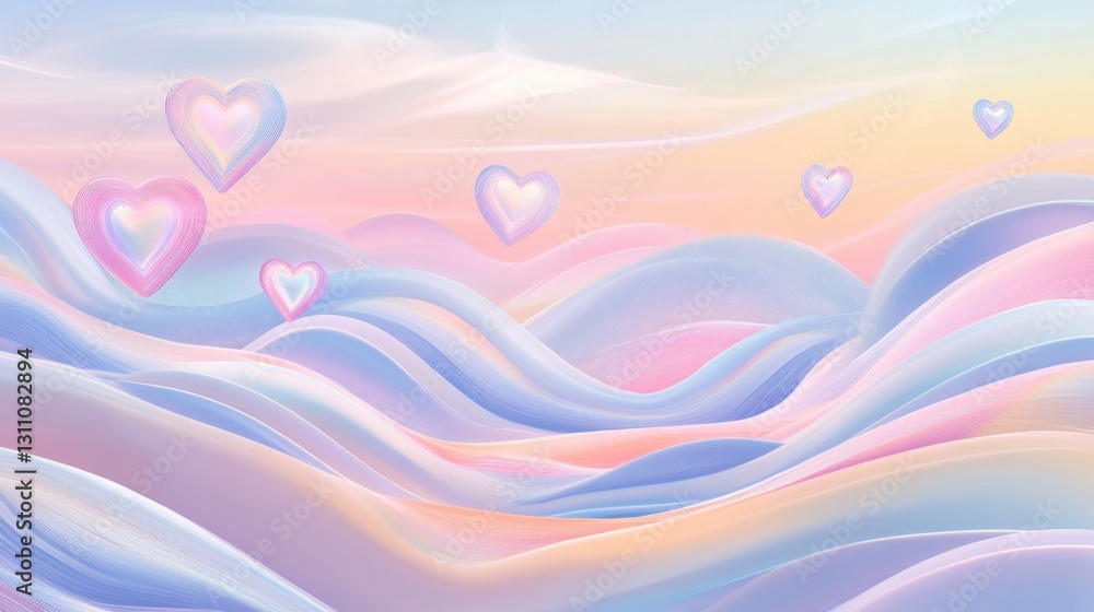Aufkleber a delicate pastel landscape with wavy abstract patterns and floating hearts softly glowing in the ba
