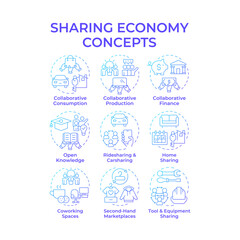 Sharing economy blue gradient concept icons. System of goods and services exchange. Resources management. Icon pack. Vector images. Round shape illustrations for presentation. Abstract idea