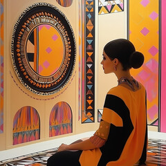 Exotic art deco room with a seated woman looking at a mirror in simple lines and beautiful colors.