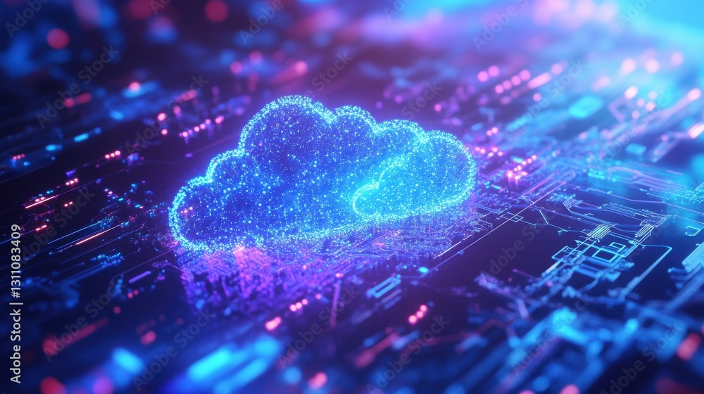 Poster a digital network with futuristic blue and purple cloud visualization and circuits.