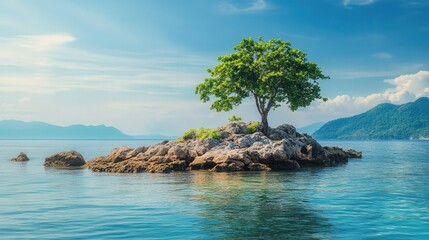 Obraz premium small isolated island with lush greenery and rocky shore in calm blue ocean