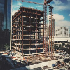 A construction crane framed by scaffolding at a residential development site