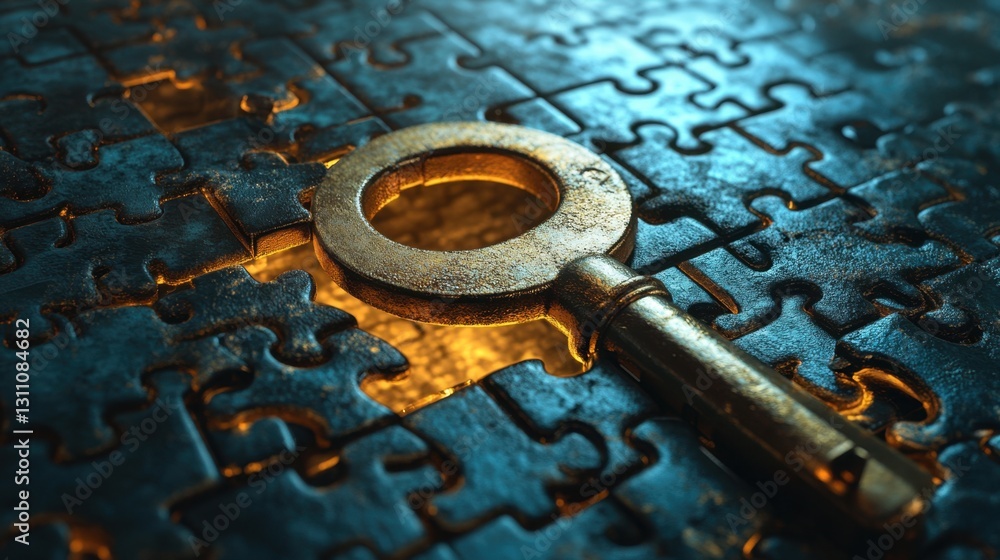 Aufkleber a dynamic lock and key metaphor, where the key transforms into a puzzle piece fitting perfectly.