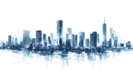 Obraz premium Cityscape watercolor painting, urban skyline, misty background, design element