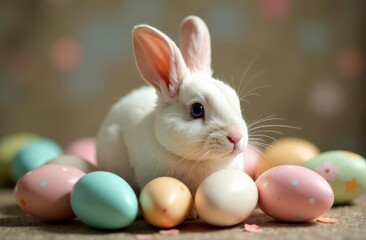 White rabbit surrounded by colorful Easter eggs in a festive setting