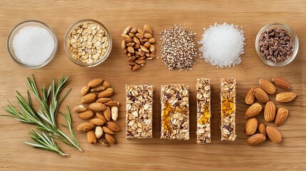 Organized flat lay arrangement of artisanal granola bars, variety of texture-rich nuts and seeds, warm wood surface background, precise spacing between elements, each item casting soft natural