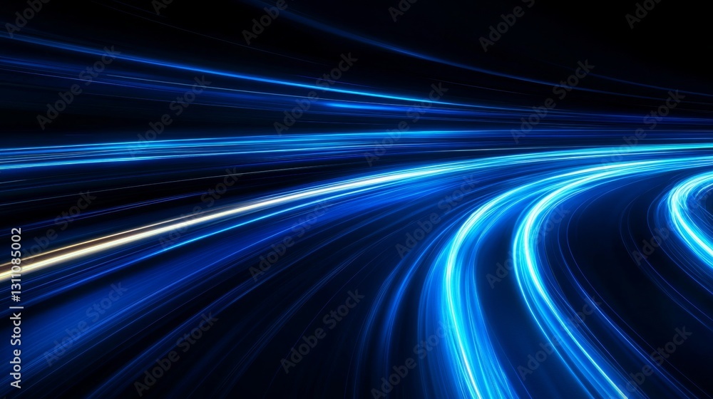 Poster bright blue light trails curve dynamically against a dark background, creating a sense of speed and 