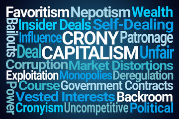 Crony Capitalism Word Cloud on Blue Background