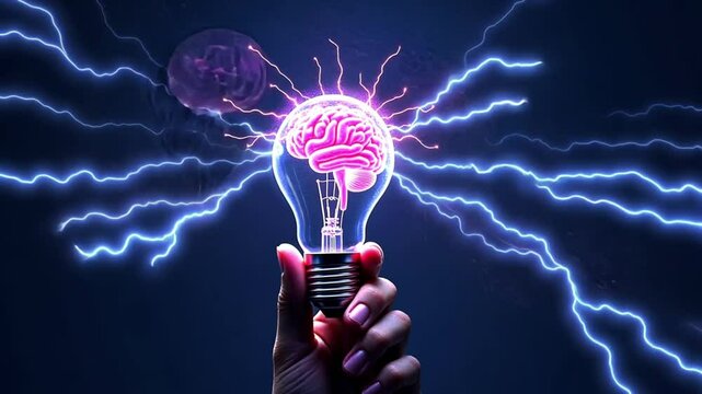 Creative Concept of Brain Inside a Light Bulb with Electric Energy, Symbolizing Innovation, Intelligence, and Bright Ideas for Science and Technology