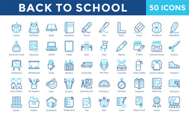 Back to School icon set with school, backpack, book, notebook, pencil, pen, ruler, eraser, sharpener, highlighter icon. Simple outline color vector 
