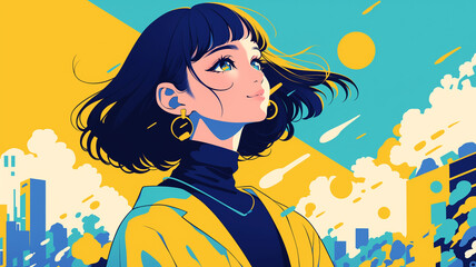 都会を見つめる洗練された女性｜80sアニメ風の鮮やかなカラーリング