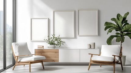 Three white picture frames, hanging on the wall of an all-white modern living room with a chair and sideboard. The frames are of different sizes. Mockup style. 