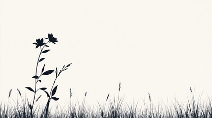 Silhouette flowers, grass field, minimalist background, nature card design