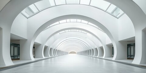 Fototapeta premium Architectural Symmetry: An interior shot of a modern building hallway with symmetrical archways, light filtering through, and architectural detail.