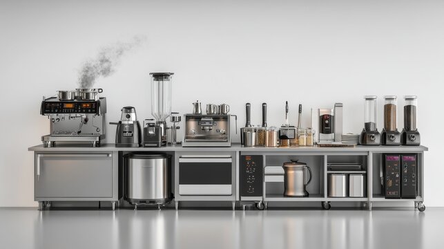 Professional kitchen equipment layout featuring brushed metal food processor, digital multicooker with steam rising, commercial-grade blender system, smart coffee brewing station, LED temperature