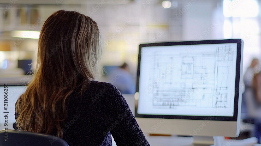 Poster architect working focused on computer with blueprint design