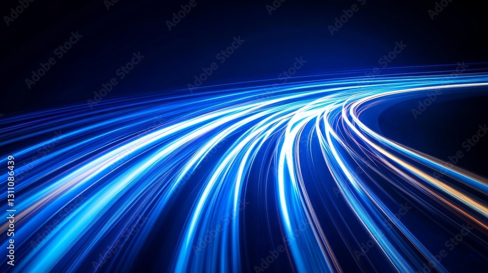 Poster bright blue light trails curve dynamically against a dark background, creating a sense of speed and 