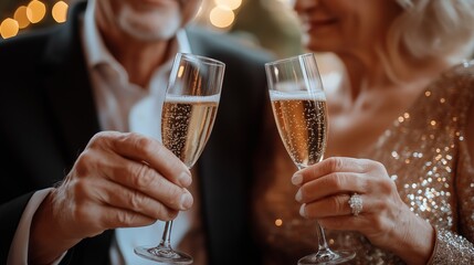 Elegant elderly couple toasting with champagne at a wedding celebration. Love, romance, and timeless commitment concept.